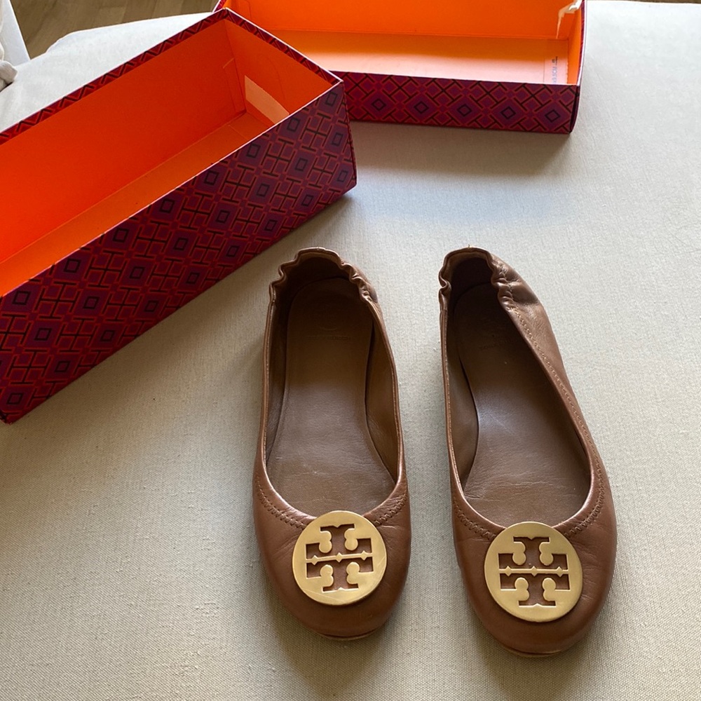 7.5 Tory Burch brown Minnie Travel Ballet Flat Leather